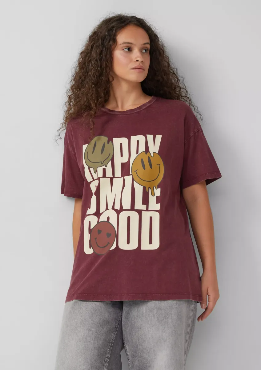 Baumwollshirt mit Frontprint und überschnittener Schulter