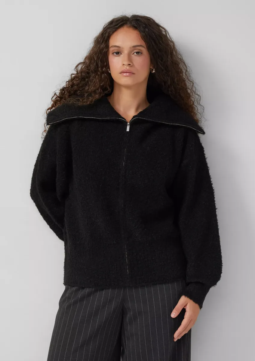 Boucle Strickjacke mit Reißverschluss und Umlegekragen