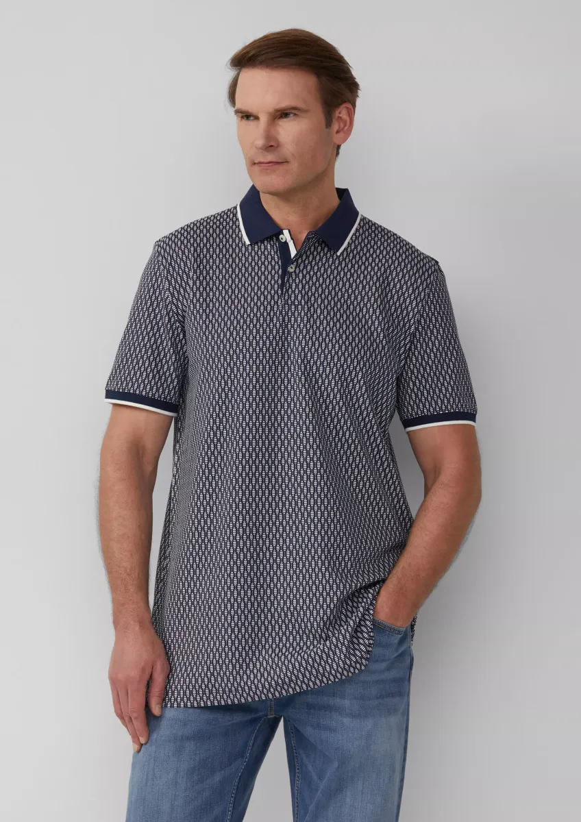 Piqué-Poloshirt mit Print und Kontrast-Details