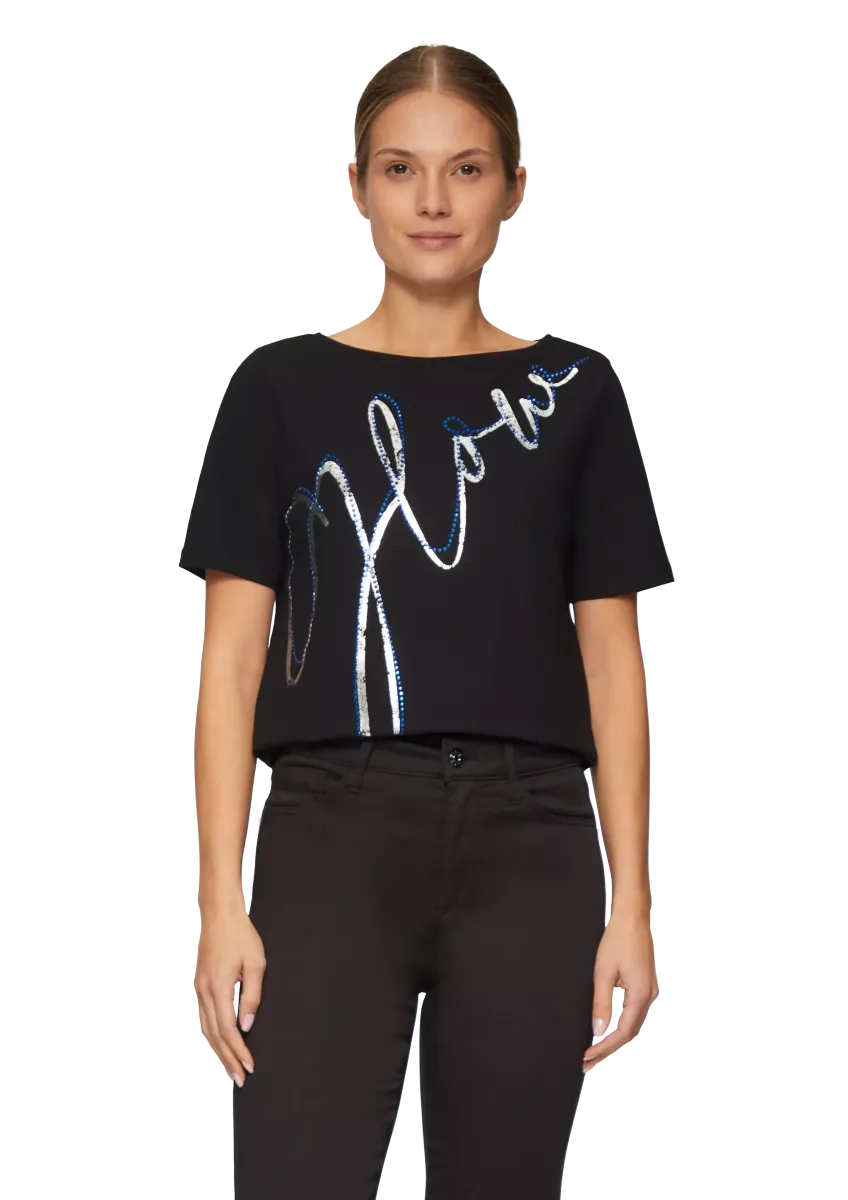 T-Shirt mit Metallic-Print und Schmucksteinen