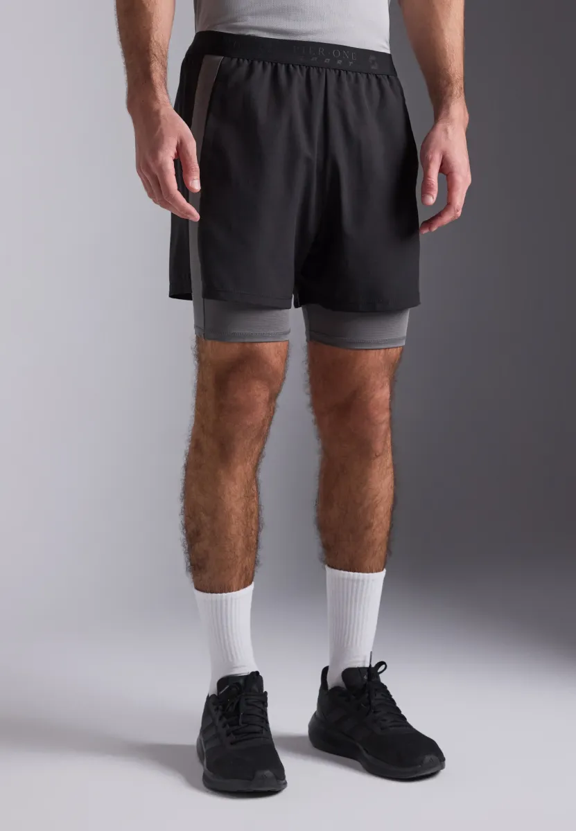 2 IN 1 SHORTS WITH DOUBLE CONTRAST LAYER - Kurze Sporthose - black/dark grey