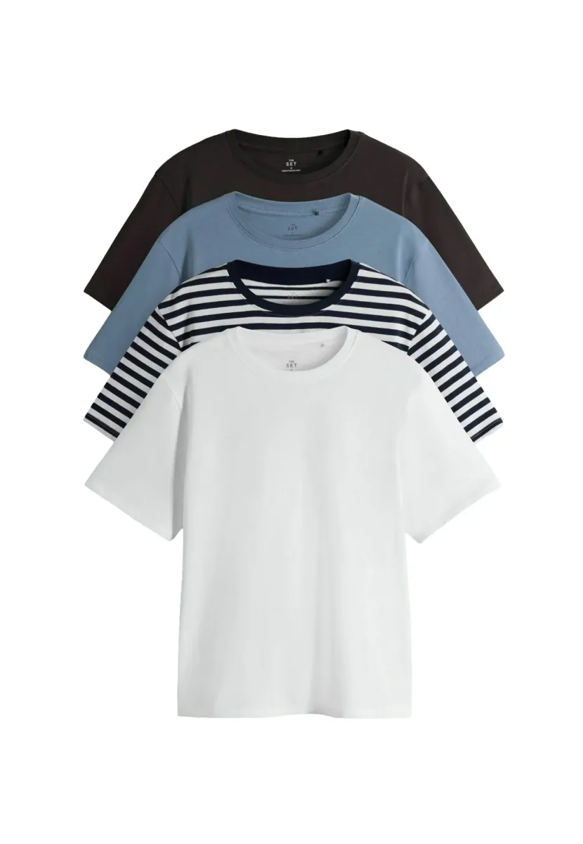 4 PACK SHORT SLEEVE  - REGULAR FIT - T-Shirt basic - chocolate brown stripe light blue white