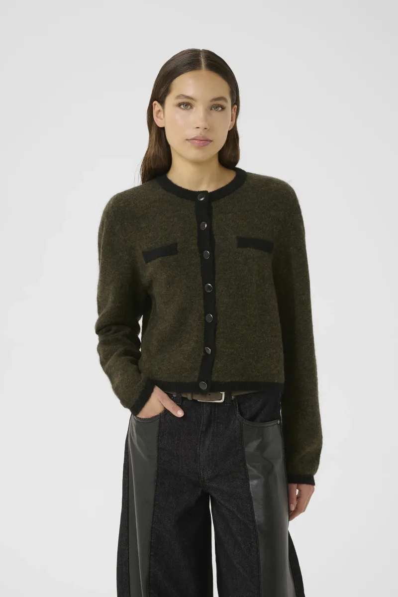 ALPHA CONTRAST - Strickjacke - olive mélange/black