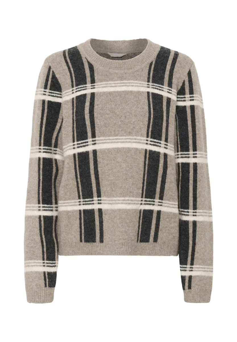 AMELIA - Strickpullover - brown grey chalk knit check