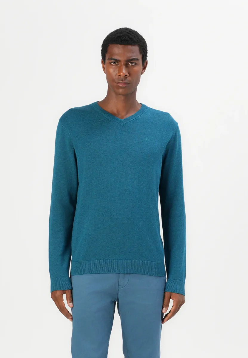 BASIC V NECK - Strickpullover - dark aqua melange