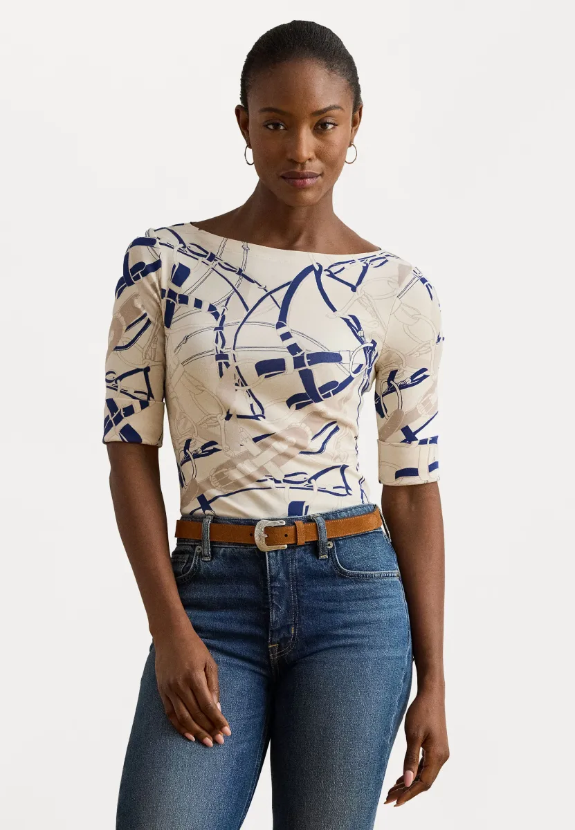BELTING PRINT COTTON BOATNECK TEE - T-Shirt print - cream/navy