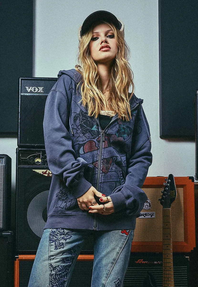 BROKEN HEARTS AND FAIRYTALES ZIP THRU  - Kapuzenpullover - charcoal