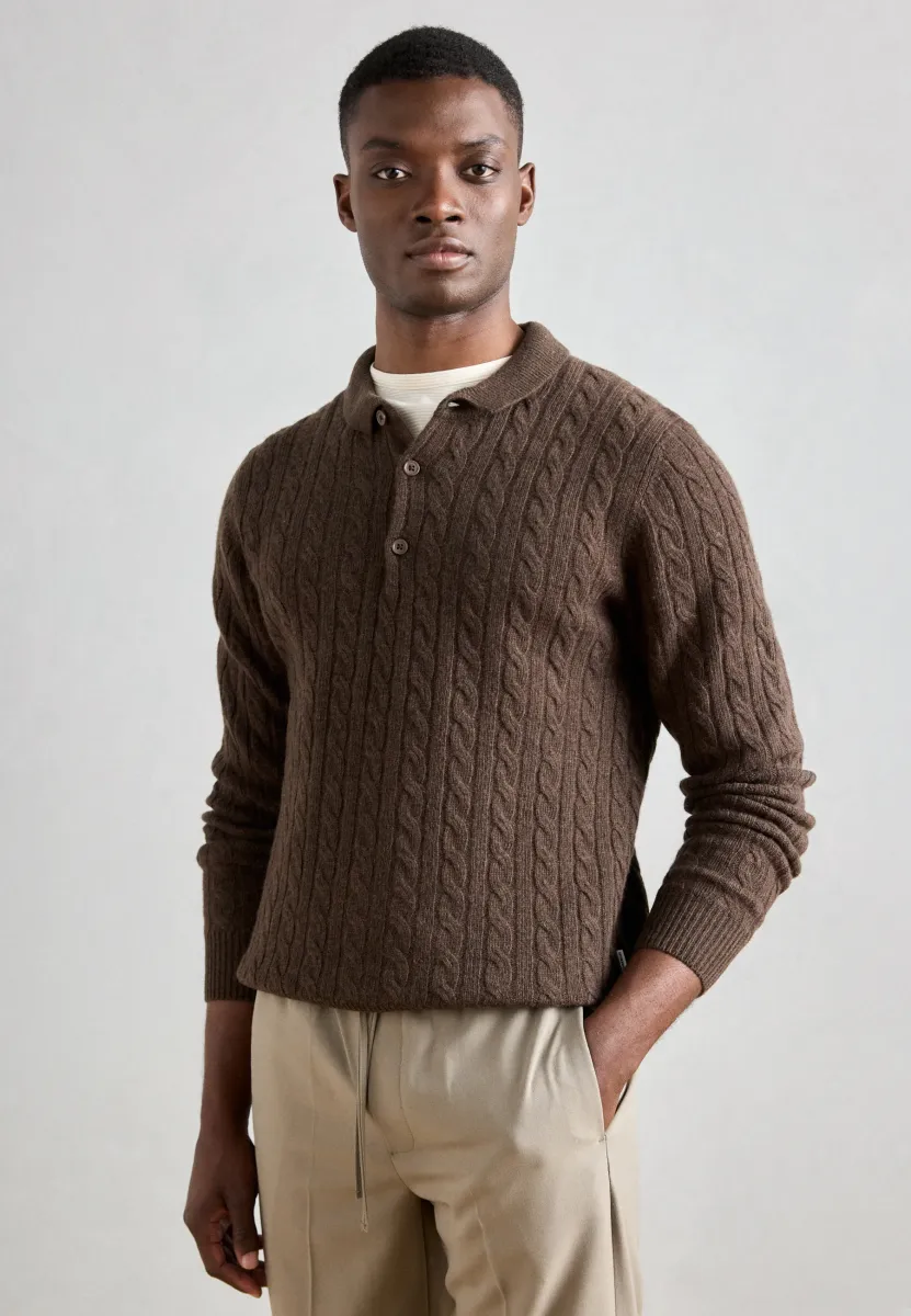 BUTTON POLO - Strickpullover - dark brown melange