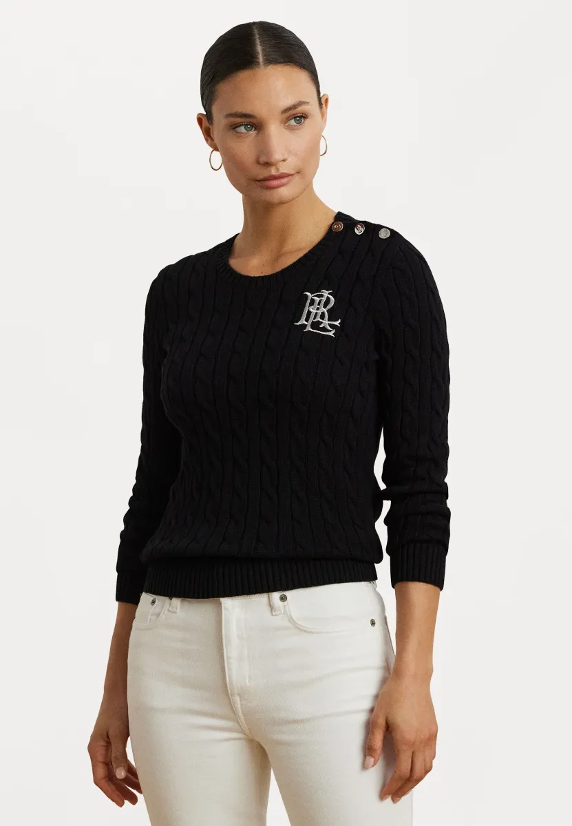 BUTTON TRIM CABLE KNIT COTTON JUMPER - Strickpullover - black