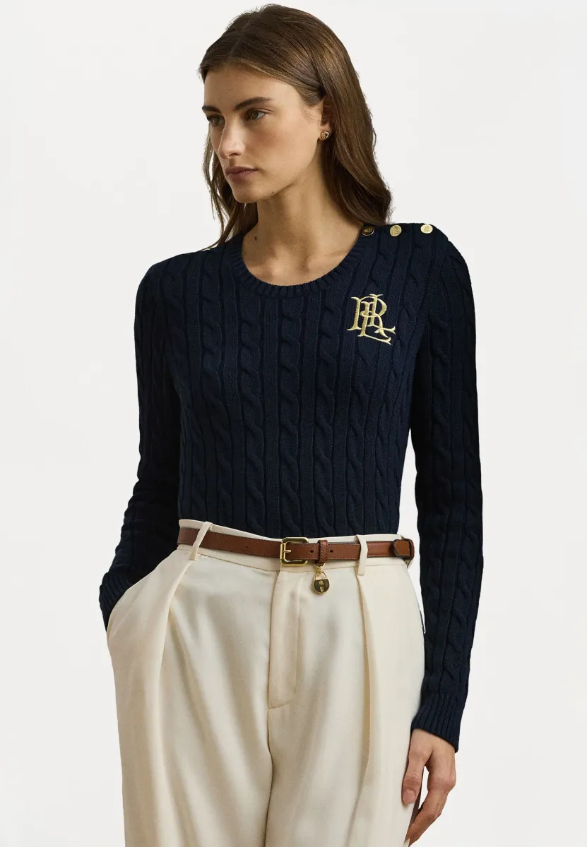BUTTON TRIM CABLE KNIT COTTON JUMPER - Strickpullover - navy