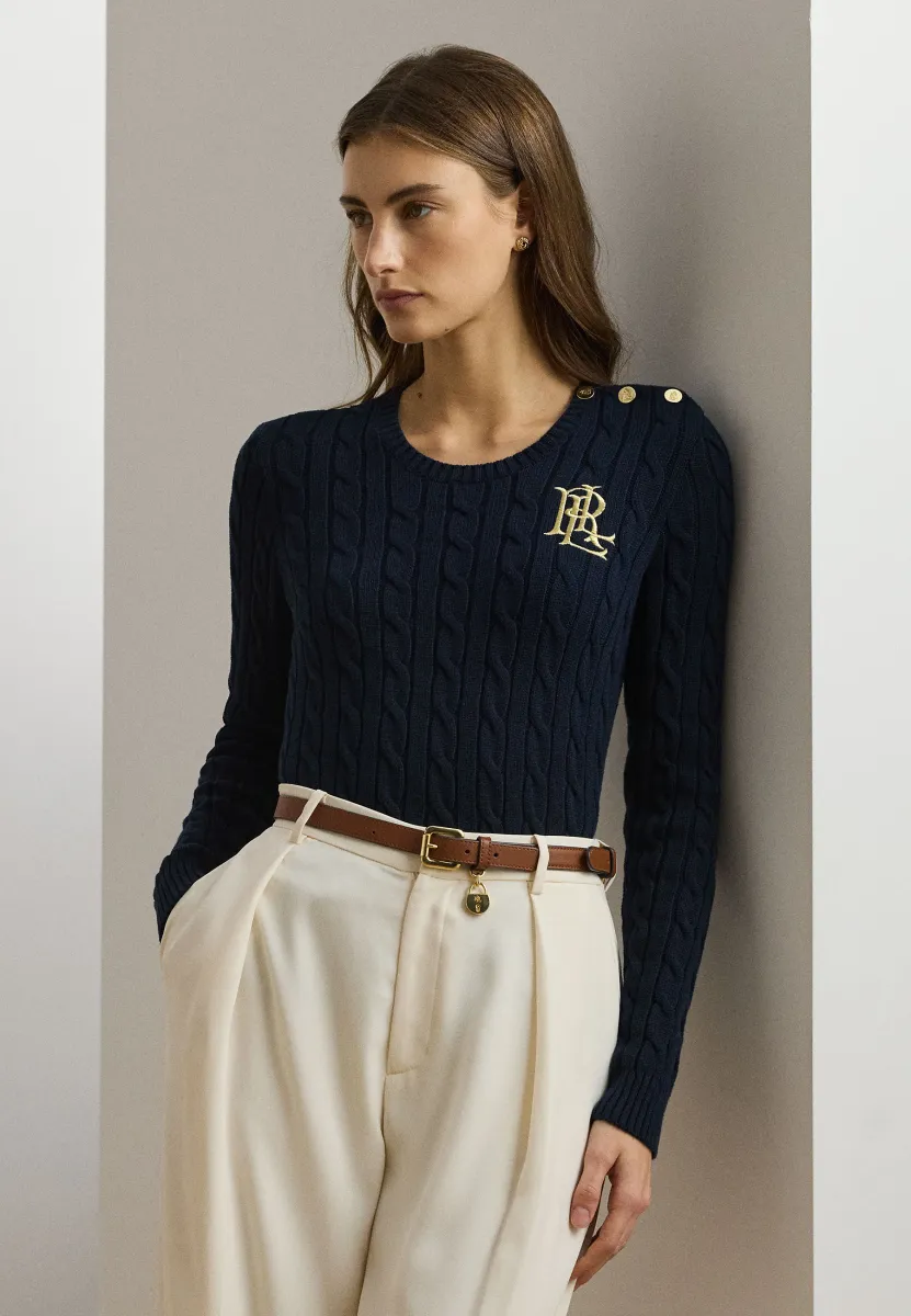 BUTTON TRIM CABLE KNIT - Strickpullover - navy