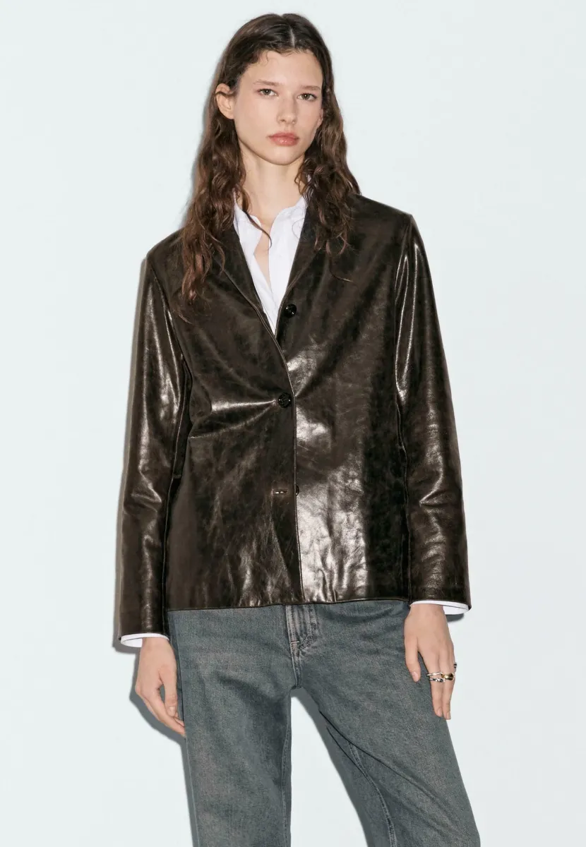 BUTTONED NAPPA DISTRESSED FINISH - Lederjacke - dark brown