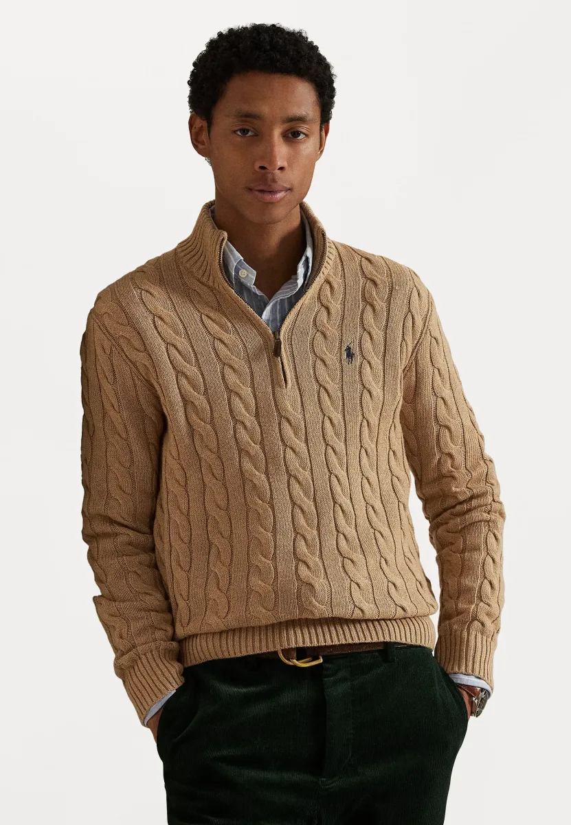 CABLE-KNIT COTTON QUARTER-ZIP SWEATER - Strickpullover - camel melange