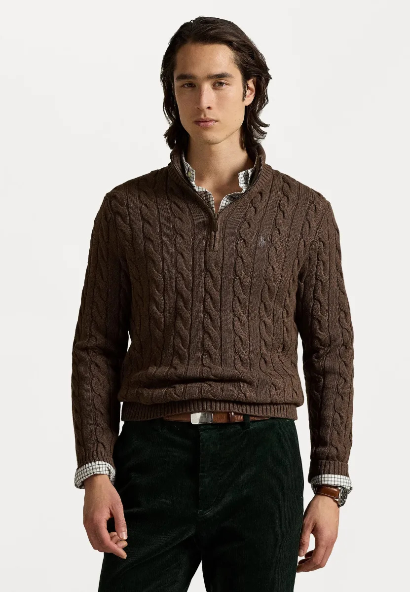 CABLE-KNIT COTTON QUARTER-ZIP SWEATER - Strickpullover - nutmeg brown heather