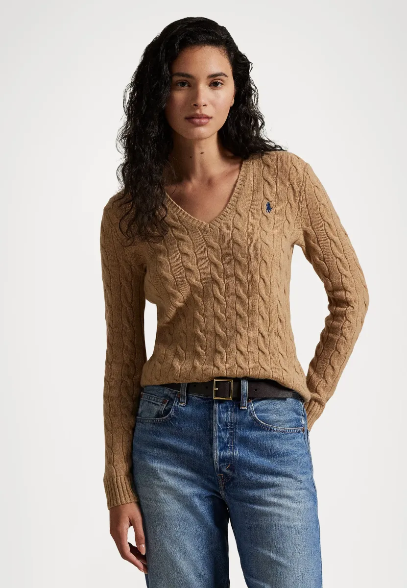 CABLE-KNIT WOOL-CASHMERE V-NECK JUMPER  - Strickpullover - camel melange