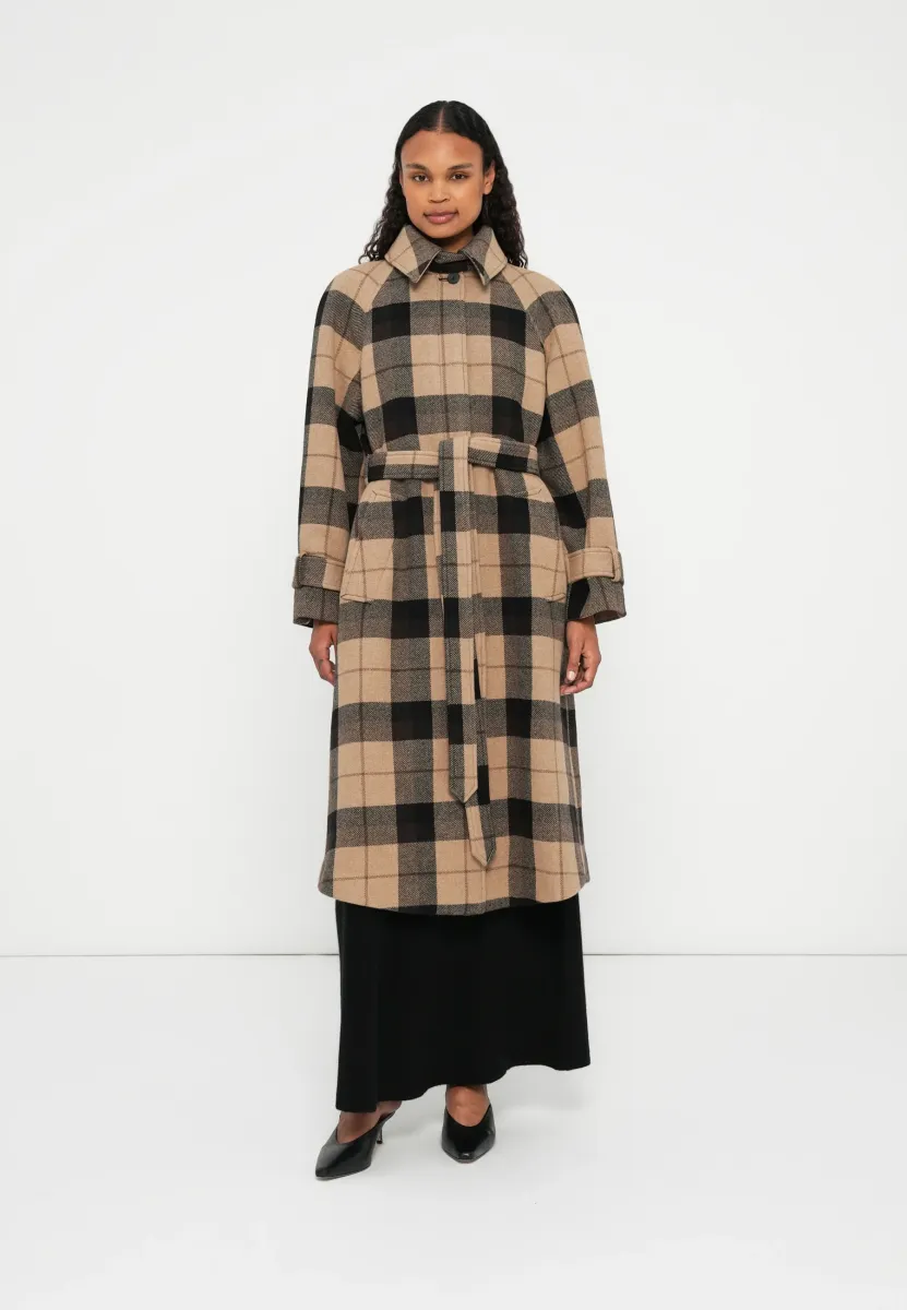 CHECK BELTED COAT - Klassischer Mantel - light brown/white