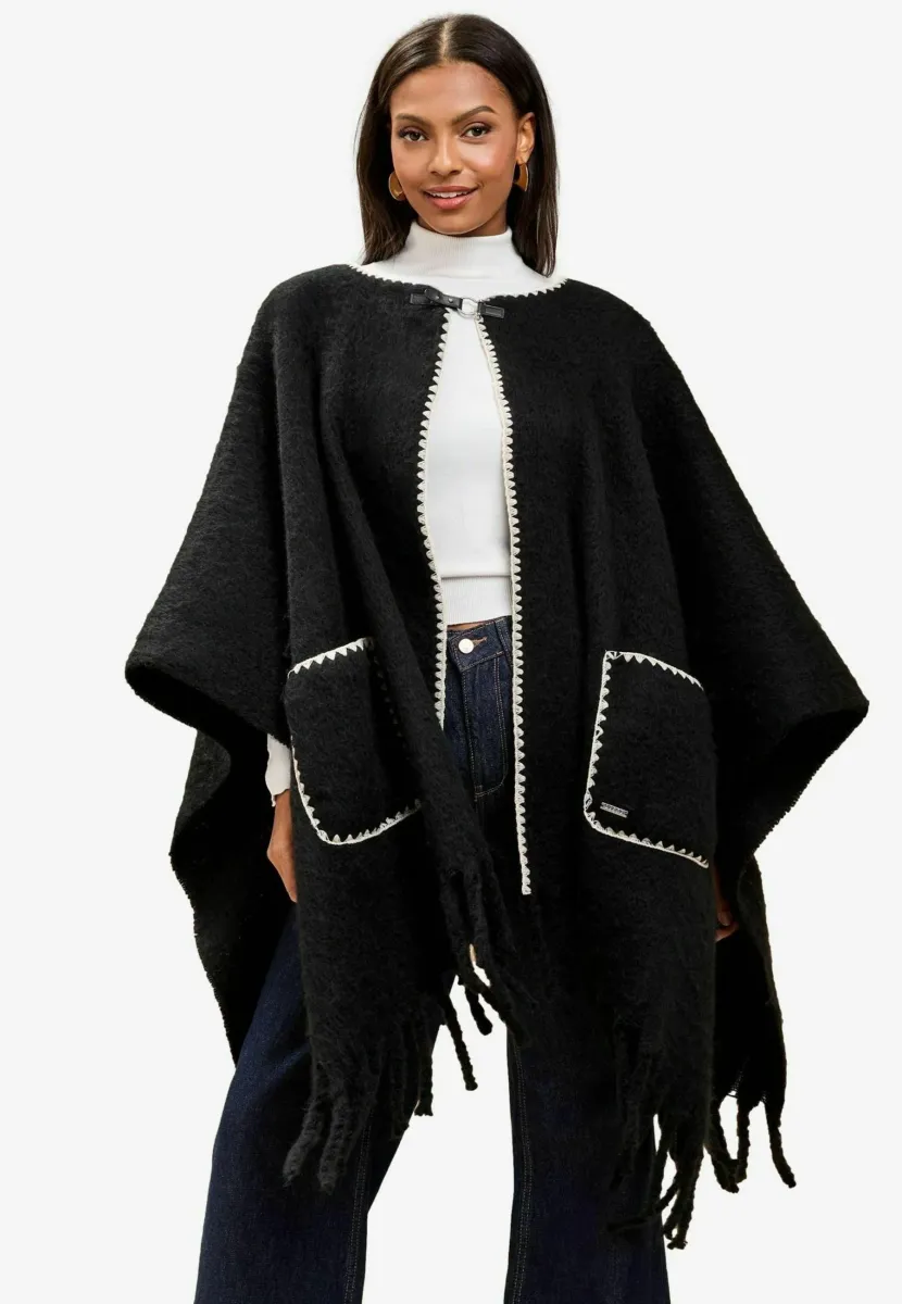 COSY WHIPSTITCH FRINGE  - Cape - black