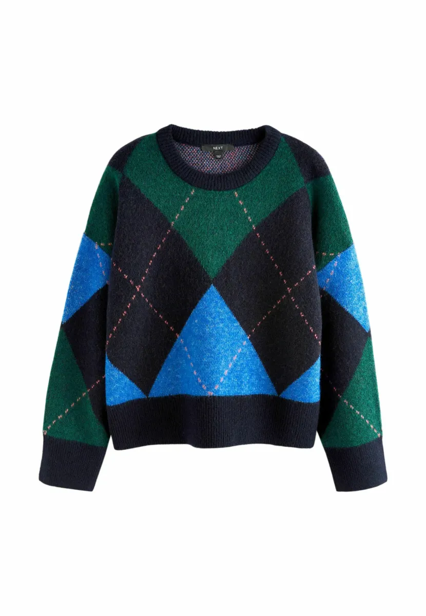 CREW NECK  - Strickpullover - navy blue and green argyle
