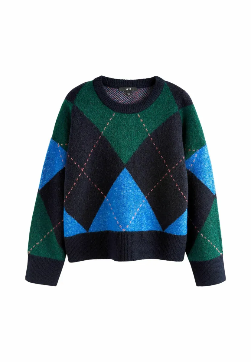 CREW NECK - Strickpullover - navy blue and green argyle
