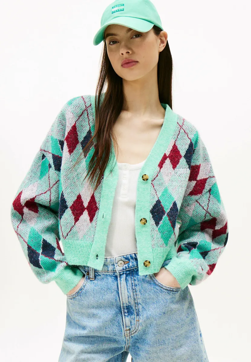 CROPPED ARGYLE - Strickjacke - lagoon green multi
