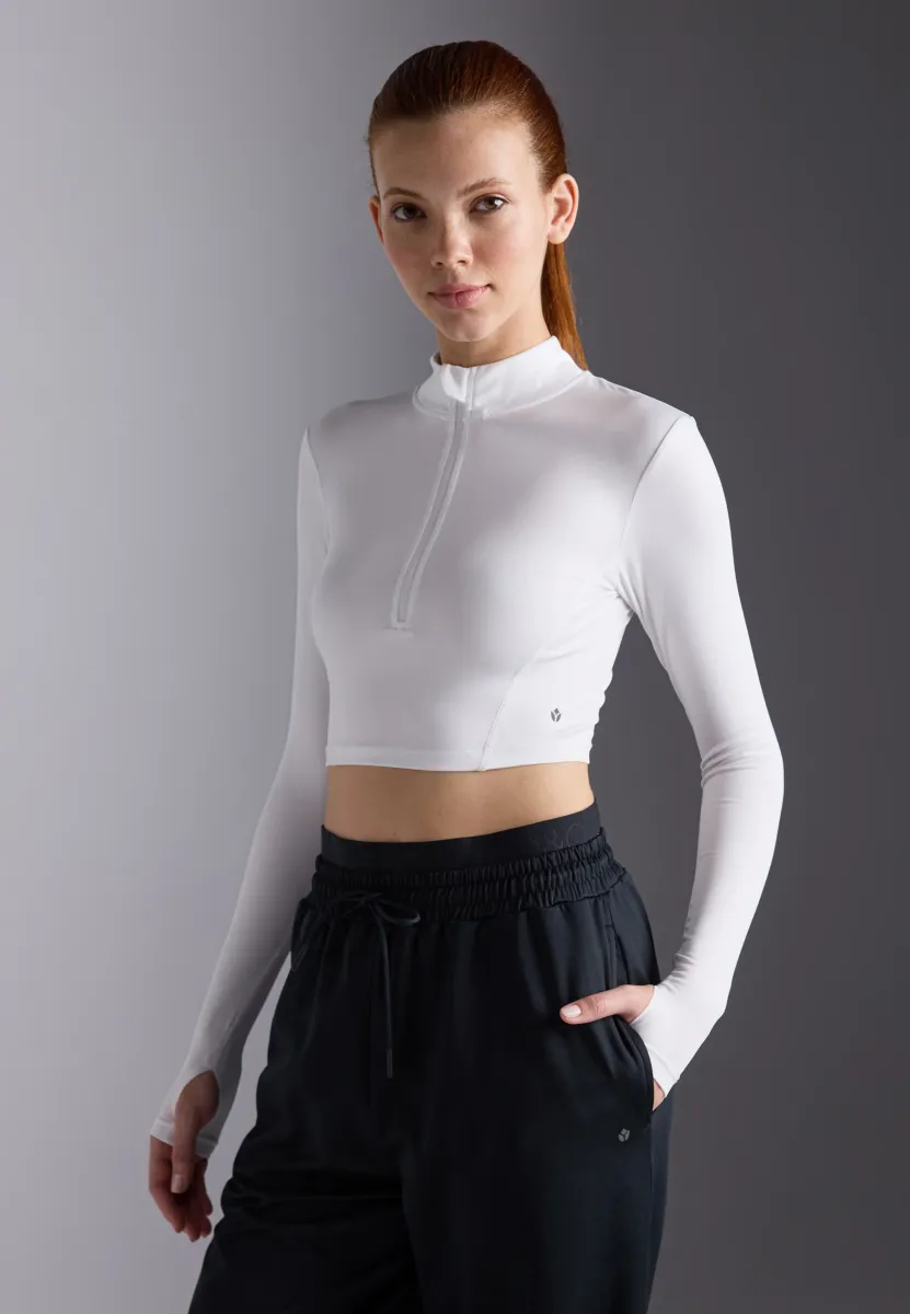 CROPPED HIGH NECK LONG SLEEVE TOP WITH 1/2 ZIP &THUMB HOLES - Langarmshirt - white