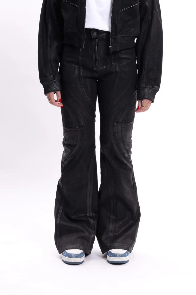 CUTLINE BLACK WAXED - Flared Jeans - black