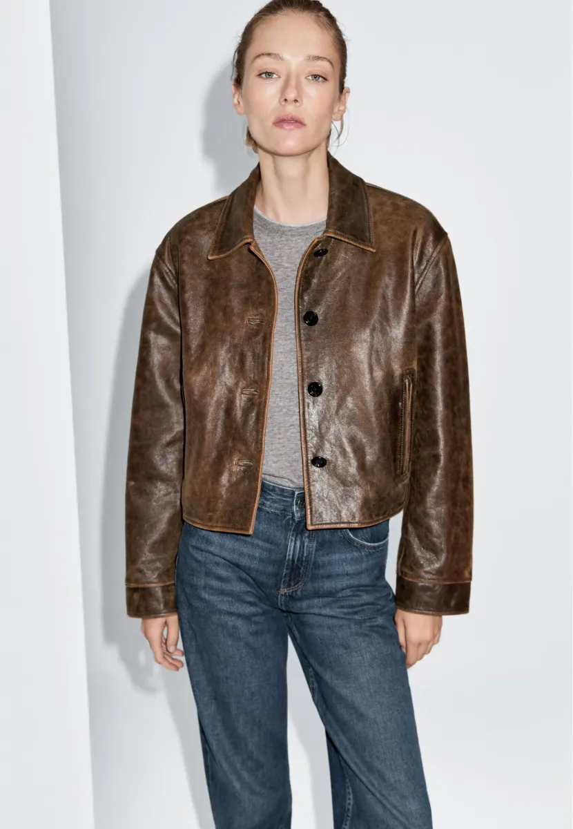 DISTRESSED EFFECT CROPPED - Lederjacke - dark brown