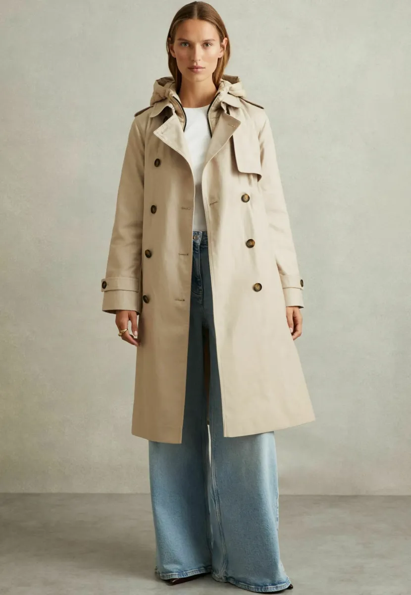 DOUBLE BREASTED HOODED - Trenchcoat - stone