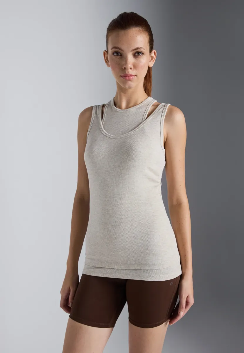 DOUBLE LAYER FINE RIB SLEEVELESS TOP - Top - camel