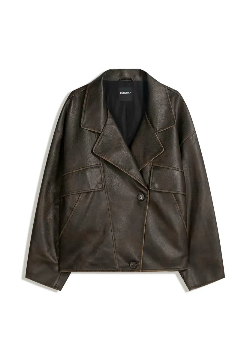 EFFECT WITH LAPEL COLLAR - Kunstlederjacke - dark brown