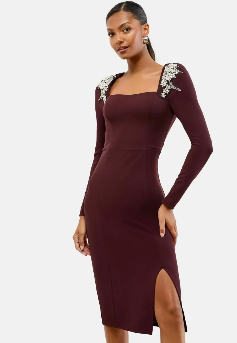 EMBELLISHED SHOULDER TRIM LONG SLEEVE BODYCON MIDI - Cocktailkleid/festliches Kleid - wine