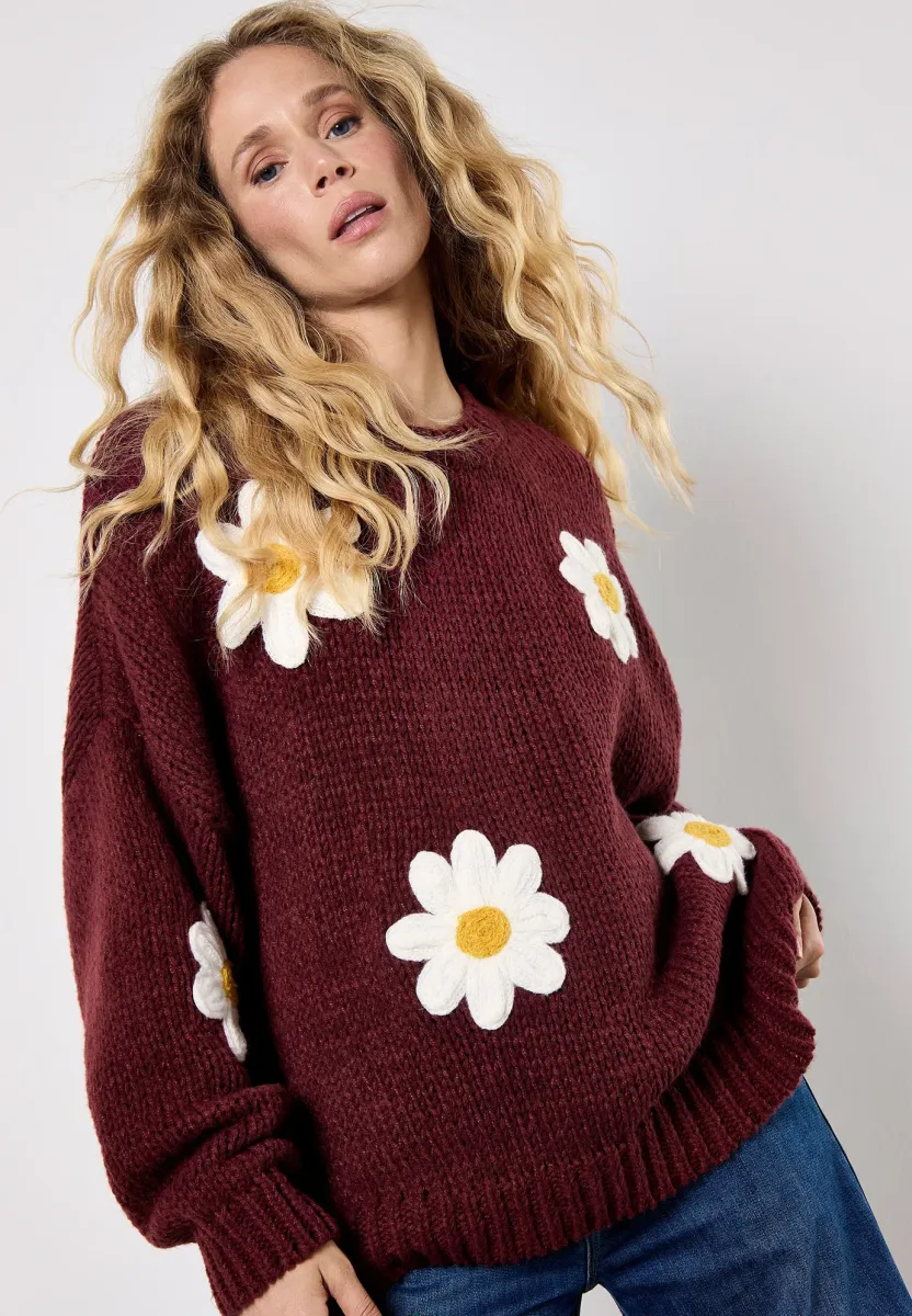 EMBROIDERED DAISY - Strickpullover - burgundy