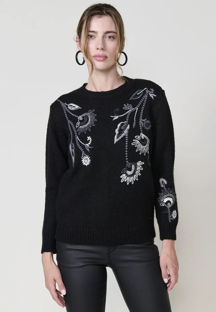 EMBROIDERED FLORAL  - Strickpullover - black