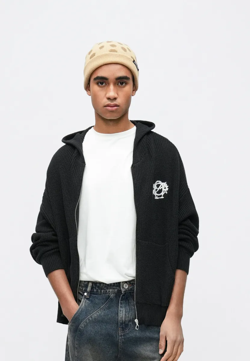 EMBROIDERY FRONT ZIP - Strickjacke - black