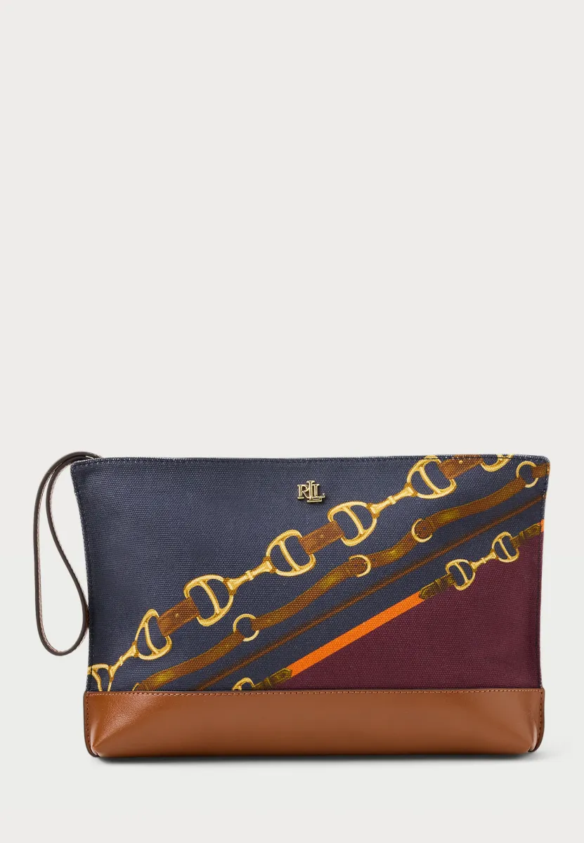 EQUESTRIAN-PRINT CANVAS LARGE POUCH - Kosmetiktasche - diagonal belting print/lrn tan