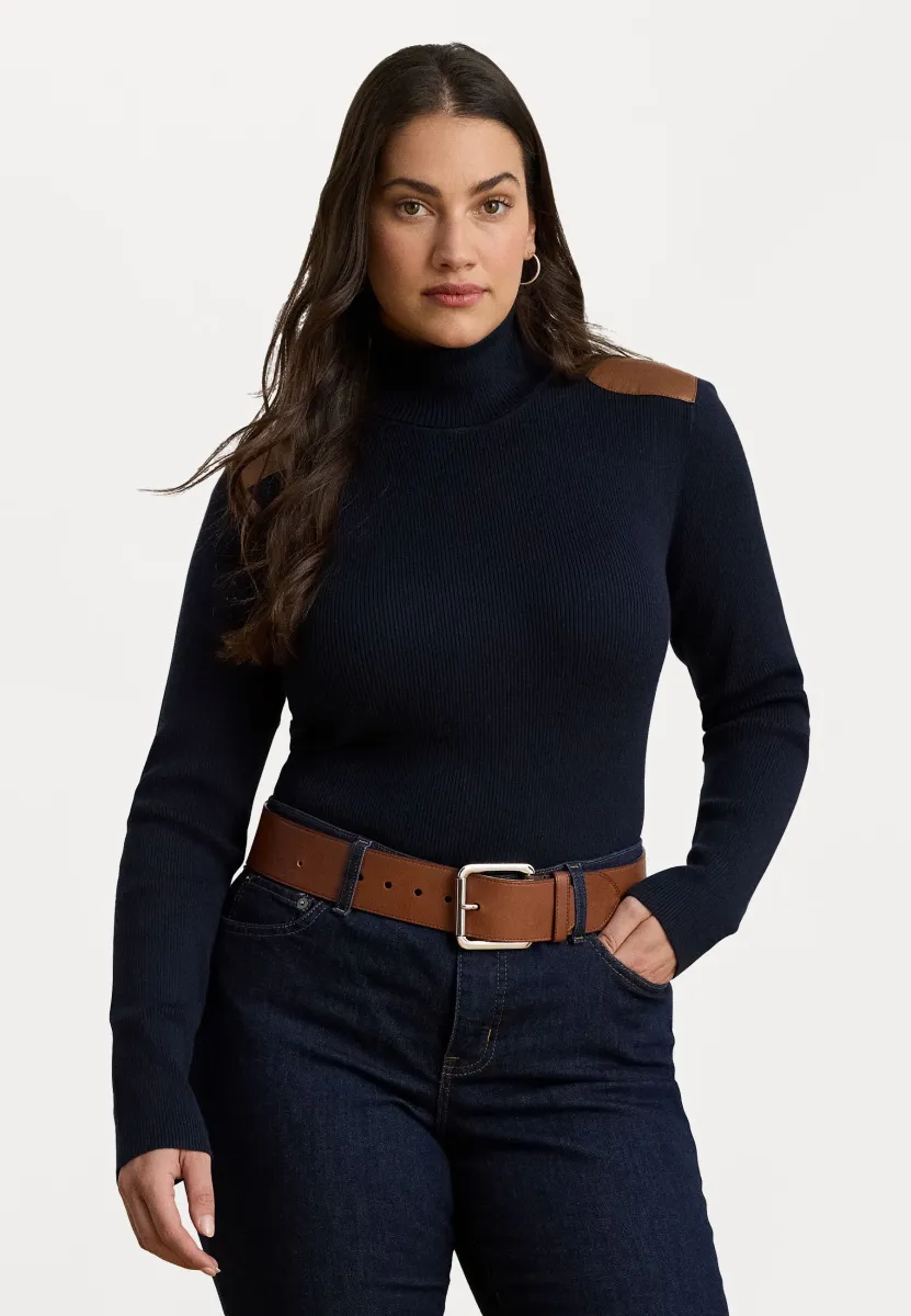 FAUX LEATHER TRIM RIB KNIT ROLL NECK - Strickpullover - navy