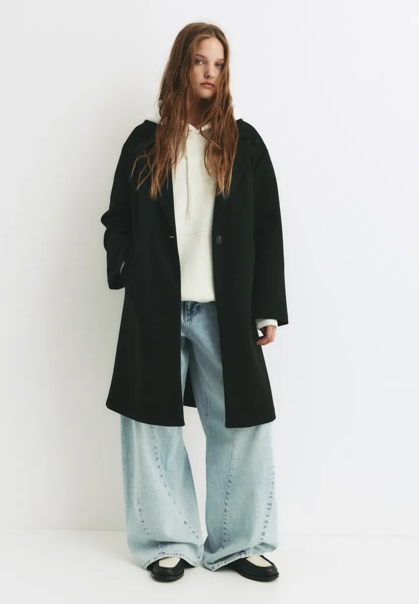 FELT TEXTURE WITH BUTTON - Klassischer Mantel - black