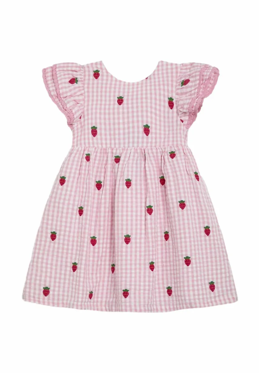 Freizeitkleid - pink strawberry embroidered gingham
