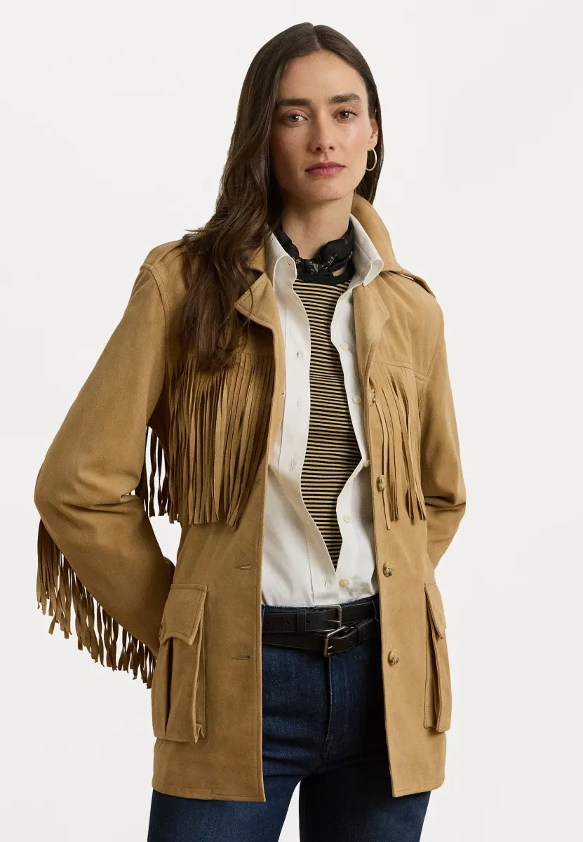 FRINGE TRIM BELTED GOAT SUEDE JACKET - Lederjacke - camel