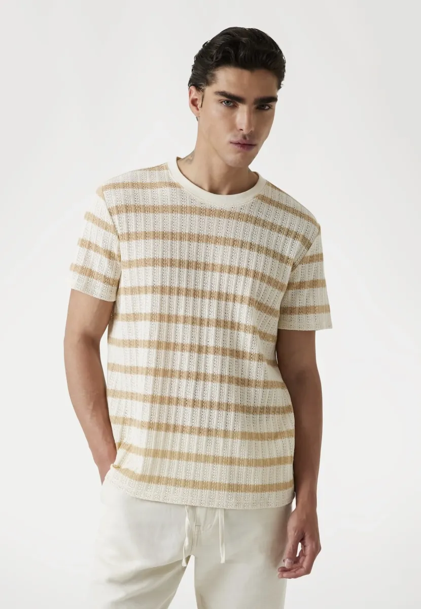 GESTREIFTES STRUKTUR - T-Shirt print - beige