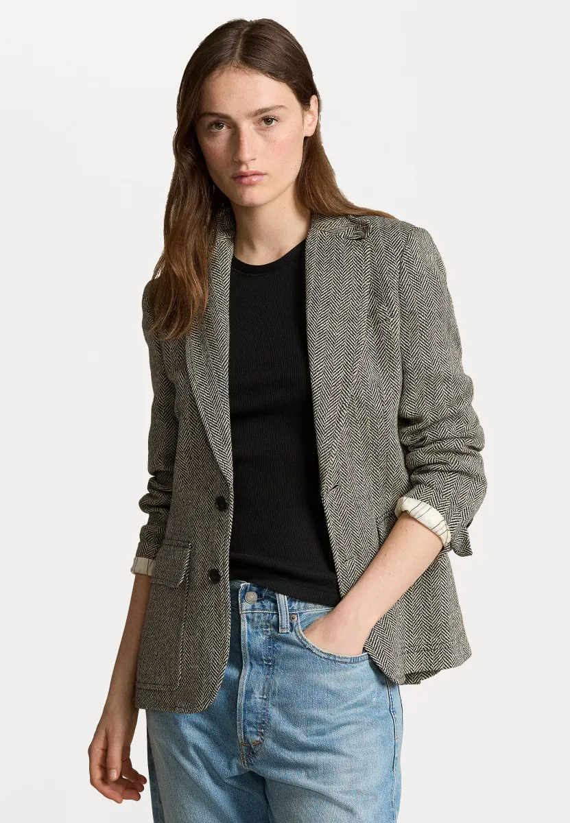 HERRINGBONE LINEN BLEND BLAZER - Blazer - black/cream