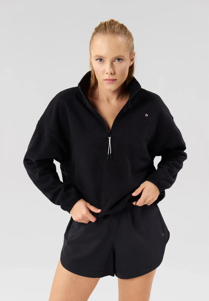 HIGH NECK FLEECE WITH ZIP AND ADJUSTABLE DRAWSTRING WAIST - Fleecepullover - black