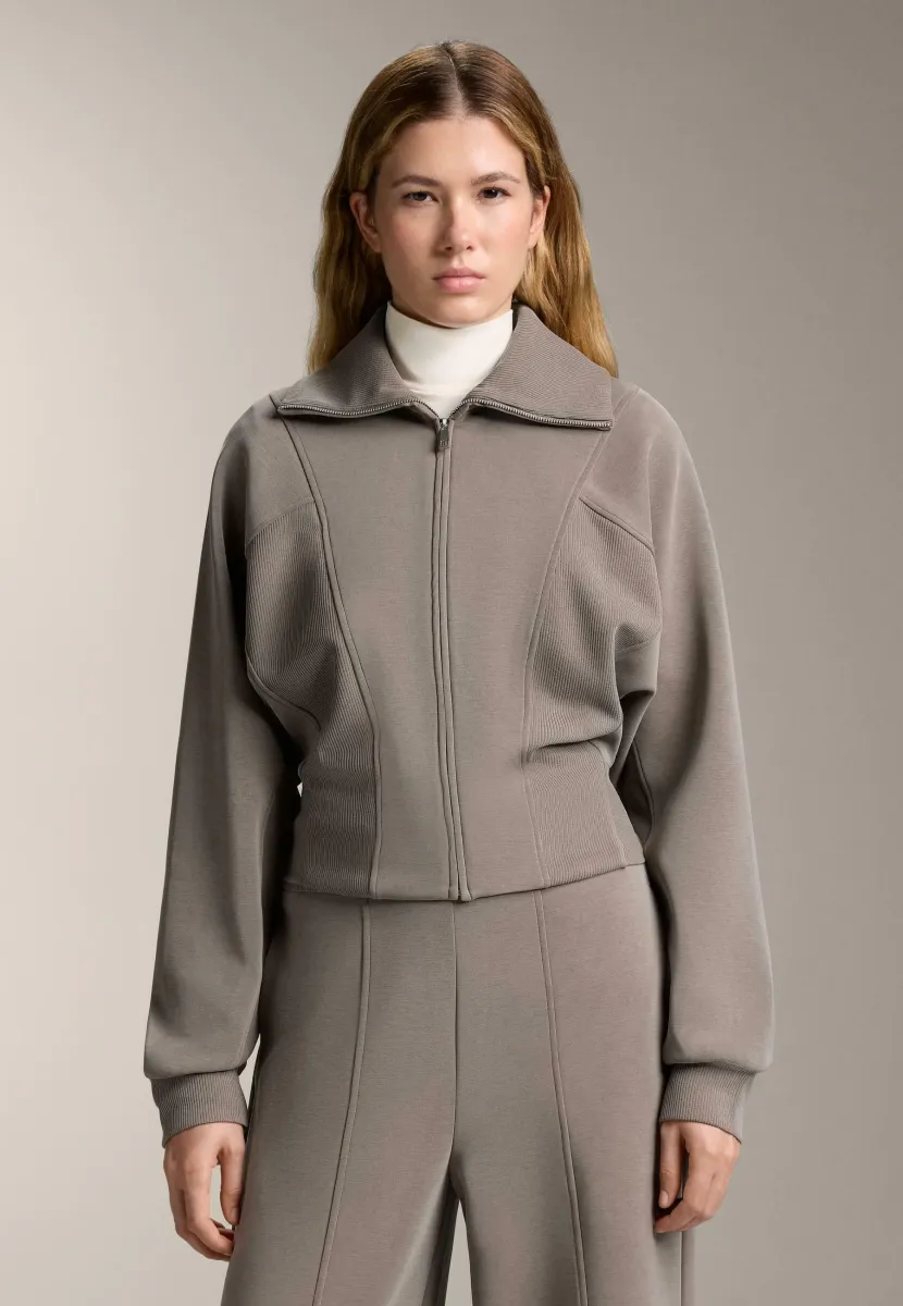 HIGH-NECK WITH RIB DETAILS AND BRUSHED MODAL - Sweatjacke - mottled dark green