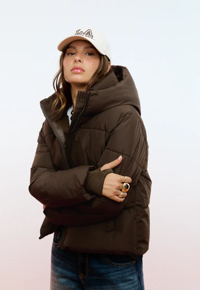 HOODED PUFFER - Winterjacke - dark brown
