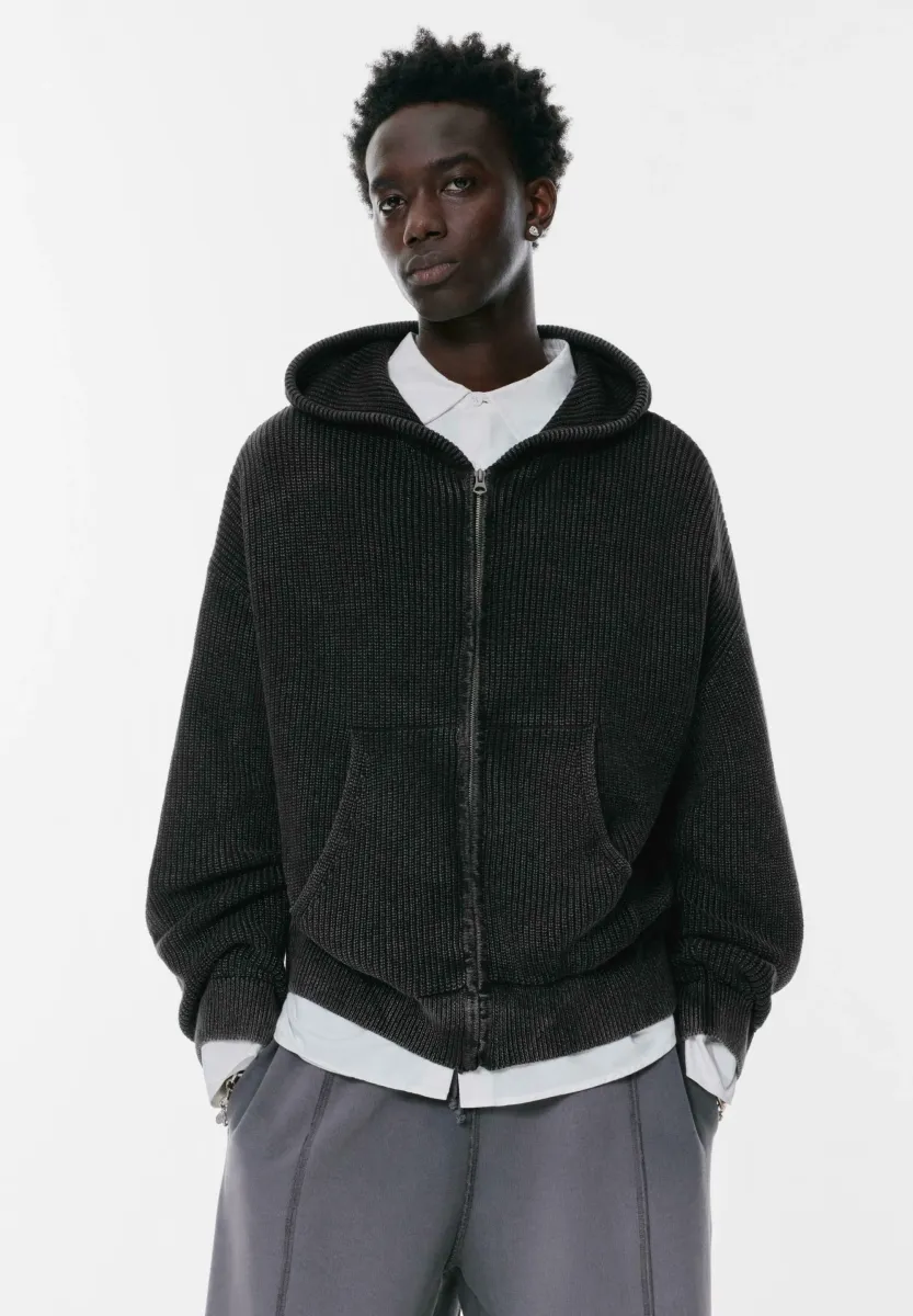 HOODED WITH ZIP - Strickjacke - black