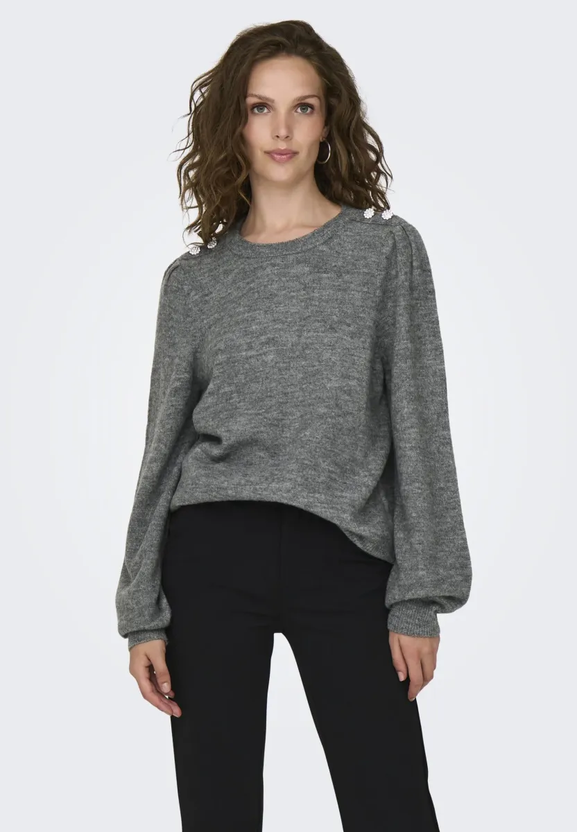 JDYELANORA O NECK BUTTON - Strickpullover - dark grey melange