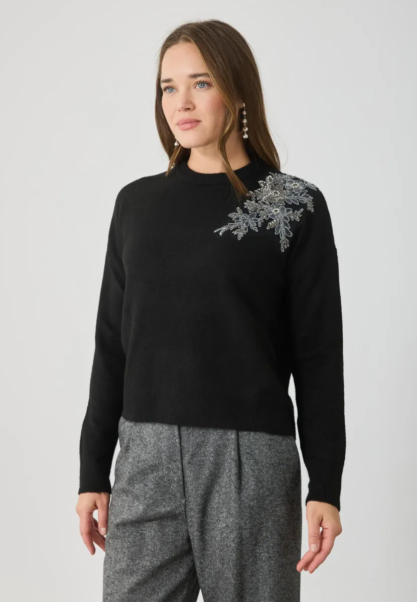 JUMPER WITH SHHOULDER EMBROIDERY - Strickpullover - black