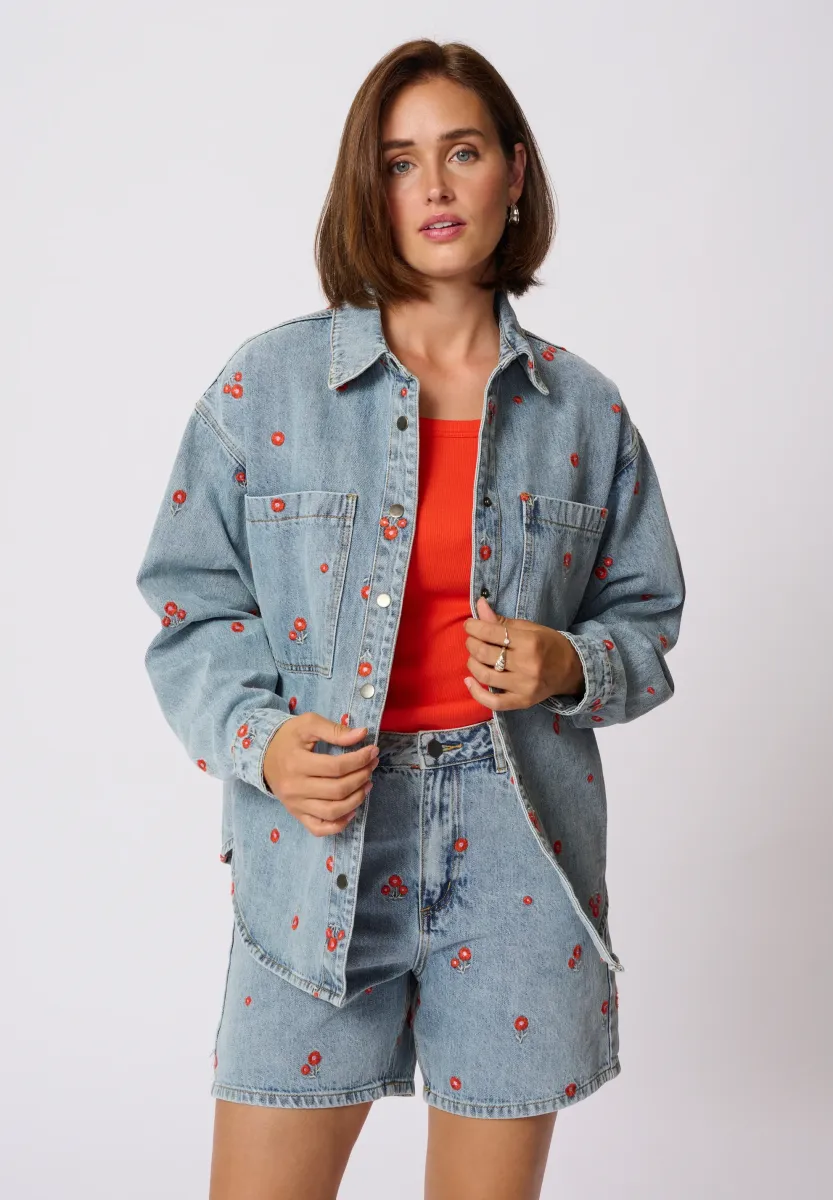 KABABETH - Jeansjacke - blue denim red flower emb.