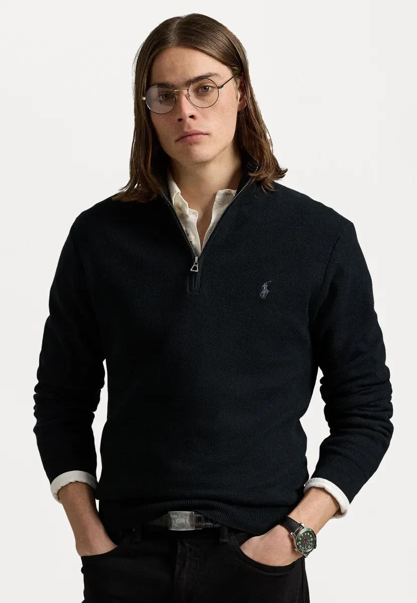 KNIT COTTON QUARTER ZIP JUMPER - Strickpullover - black