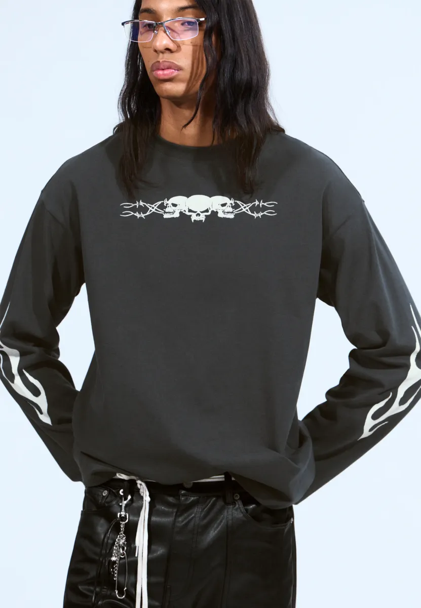 Langarmshirt - dark grey skull flame